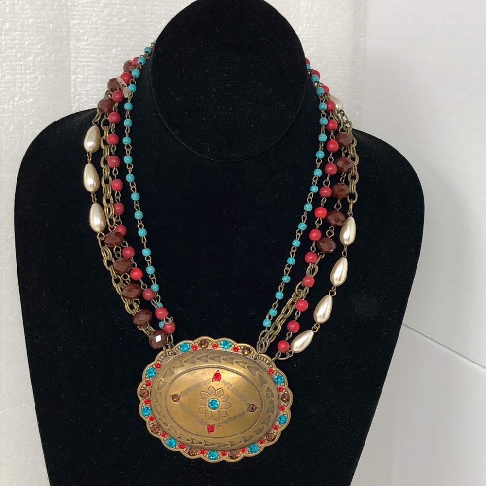 Pink Panache Necklace Four Strand Beaded Southwestern Crystals Bib Dangle